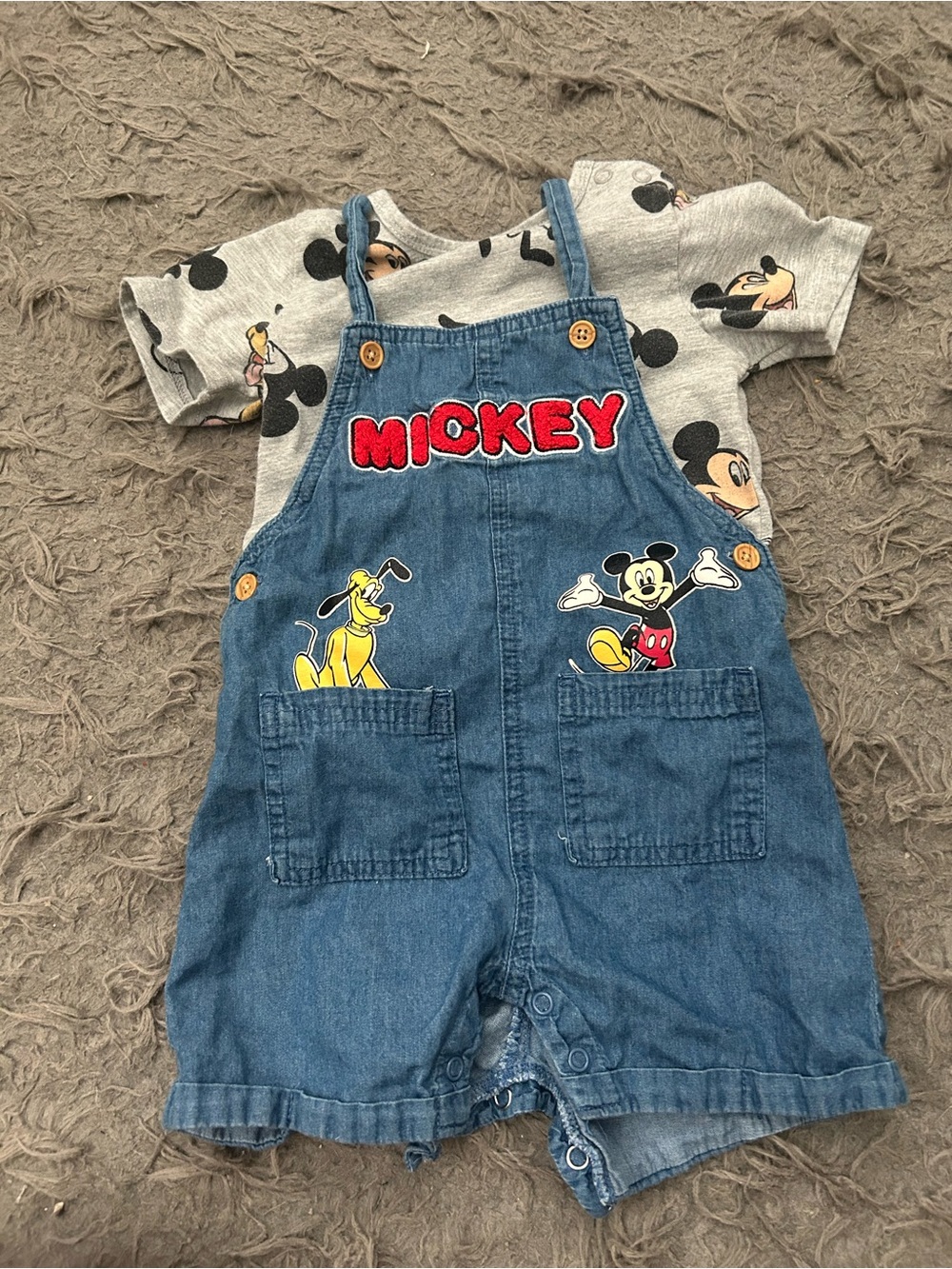 Disney Blue Denim Mickey & Pluto Overalls with Grey Mickey Tee